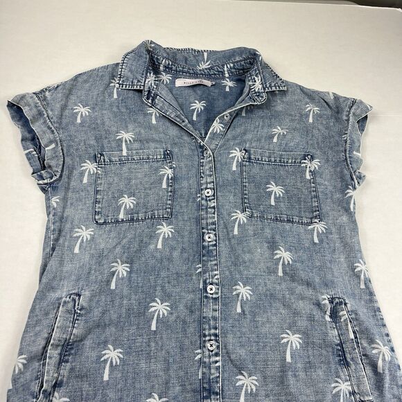 Billy T Palm Tree Print Chambray Button Shirt Dress M Short Sleeve Casual Resort - Picture 3 of 9